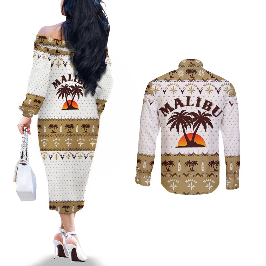 Malibu Christmas Couples Matching Off The Shoulder Long Sleeve Dress and Long Sleeve Button Shirt Xmas Holiday Patterns - Wonder Print Shop