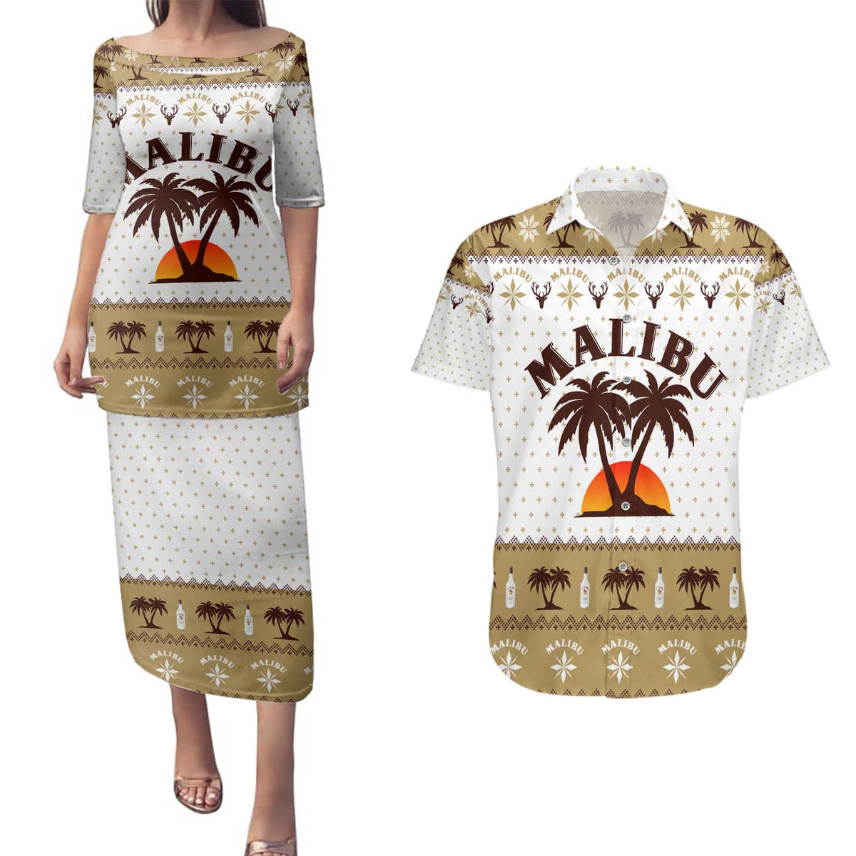 Malibu Christmas Couples Matching Puletasi and Hawaiian Shirt Xmas Holiday Patterns - Wonder Print Shop