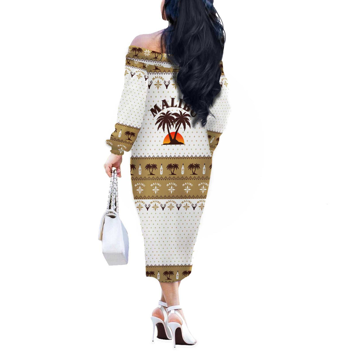 Malibu Christmas Off The Shoulder Long Sleeve Dress Xmas Holiday Patterns - Wonder Print Shop