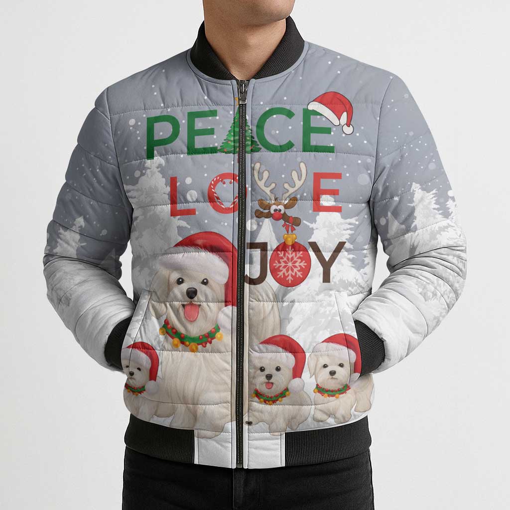 Maltese Peace Love Joy Christmas Bomber Puffer Jacket Xmas Holiday Patterns - Wonder Print Shop