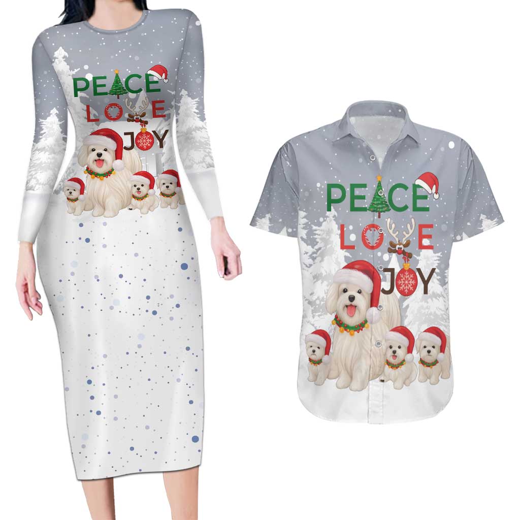 Maltese Peace Love Joy Christmas Couples Matching Long Sleeve Bodycon Dress and Hawaiian Shirt Xmas Holiday Patterns - Wonder Print Shop