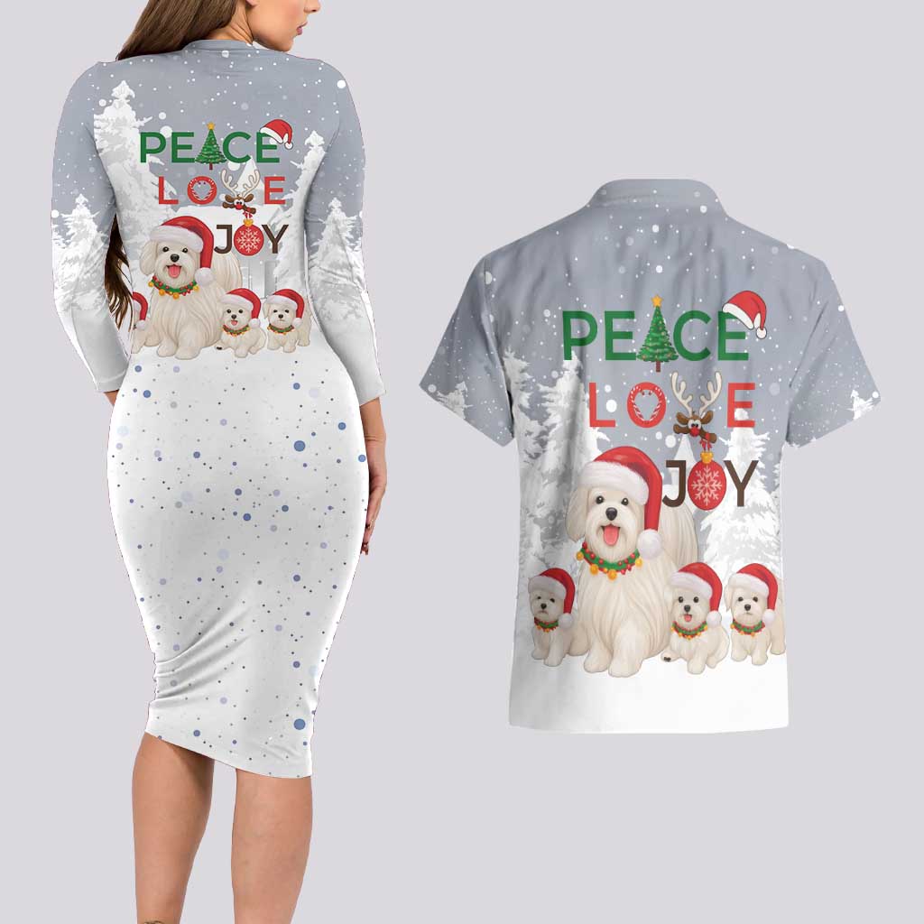 Maltese Peace Love Joy Christmas Couples Matching Long Sleeve Bodycon Dress and Hawaiian Shirt Xmas Holiday Patterns - Wonder Print Shop