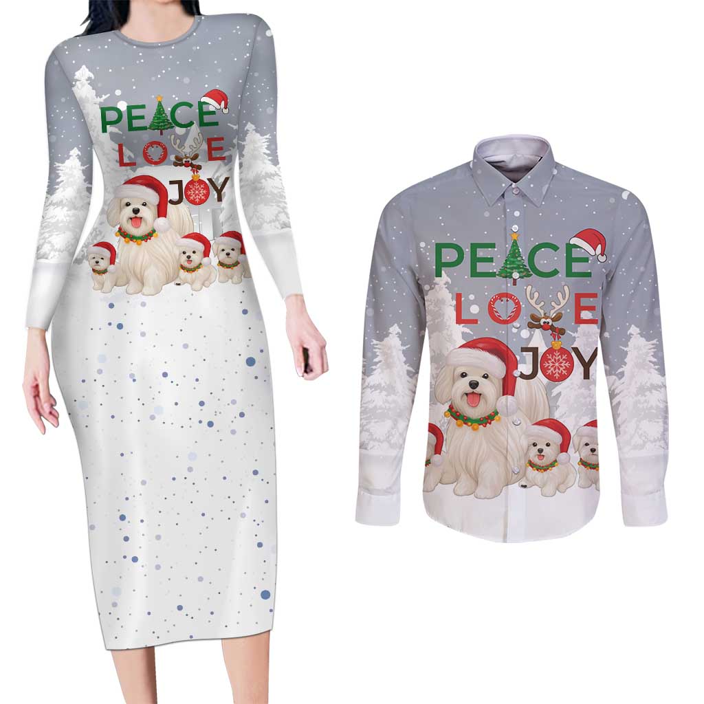 Maltese Peace Love Joy Christmas Couples Matching Long Sleeve Bodycon Dress and Long Sleeve Button Shirt Xmas Holiday Patterns - Wonder Print Shop