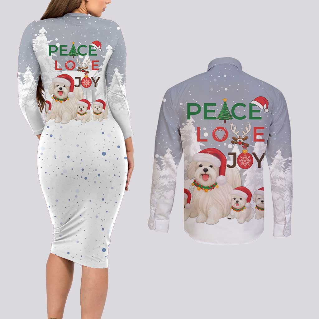 Maltese Peace Love Joy Christmas Couples Matching Long Sleeve Bodycon Dress and Long Sleeve Button Shirt Xmas Holiday Patterns - Wonder Print Shop