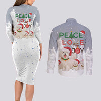 Maltese Peace Love Joy Christmas Couples Matching Long Sleeve Bodycon Dress and Long Sleeve Button Shirt Xmas Holiday Patterns - Wonder Print Shop