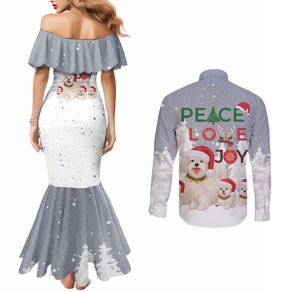 Maltese Peace Love Joy Christmas Couples Matching Mermaid Dress and Long Sleeve Button Shirt Xmas Holiday Patterns - Wonder Print Shop