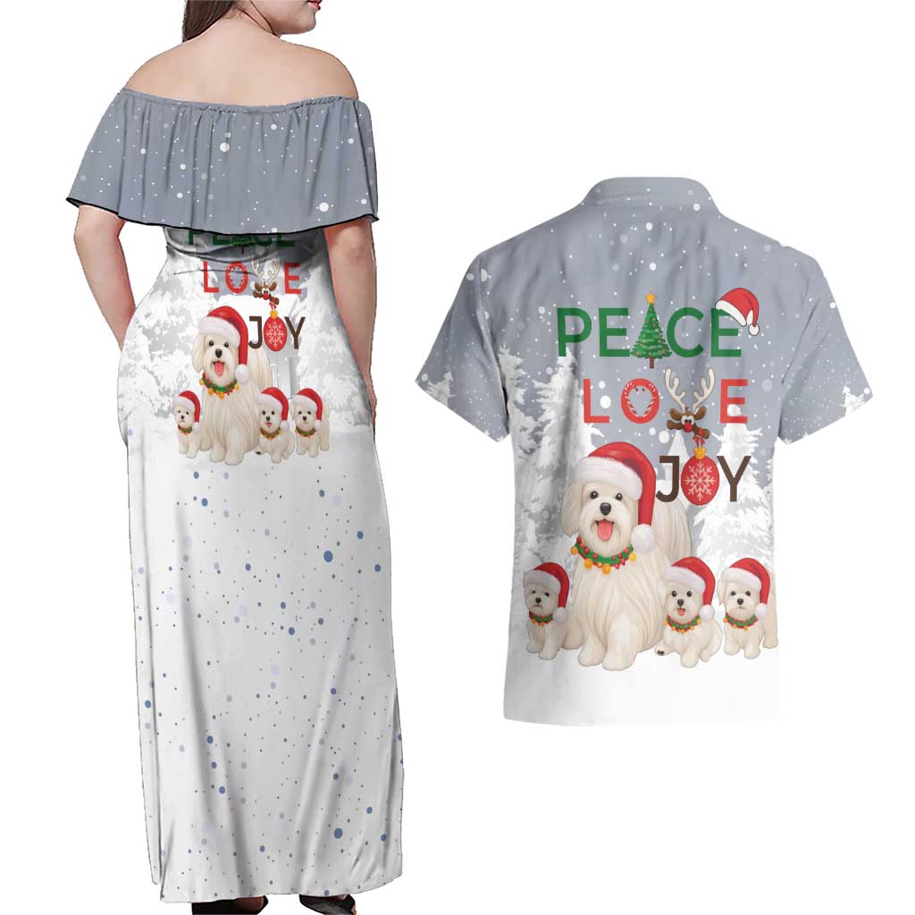 Maltese Peace Love Joy Christmas Couples Matching Off Shoulder Maxi Dress and Hawaiian Shirt Xmas Holiday Patterns - Wonder Print Shop