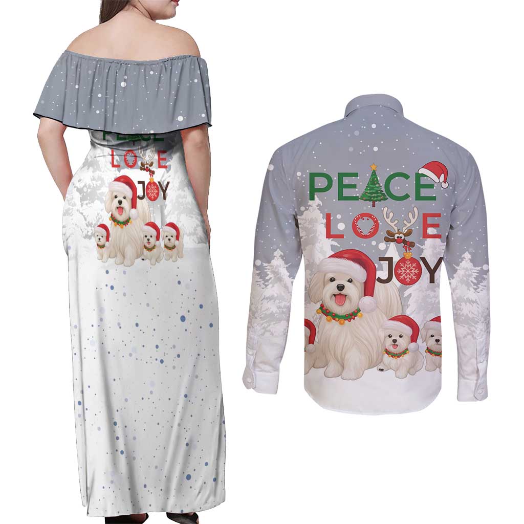 Maltese Peace Love Joy Christmas Couples Matching Off Shoulder Maxi Dress and Long Sleeve Button Shirt Xmas Holiday Patterns - Wonder Print Shop