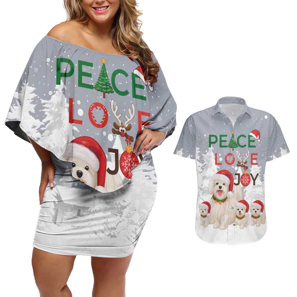 Maltese Peace Love Joy Christmas Couples Matching Off Shoulder Short Dress and Hawaiian Shirt Xmas Holiday Patterns - Wonder Print Shop