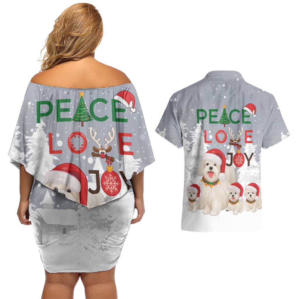 Maltese Peace Love Joy Christmas Couples Matching Off Shoulder Short Dress and Hawaiian Shirt Xmas Holiday Patterns - Wonder Print Shop