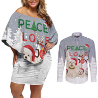 Maltese Peace Love Joy Christmas Couples Matching Off Shoulder Short Dress and Long Sleeve Button Shirt Xmas Holiday Patterns - Wonder Print Shop