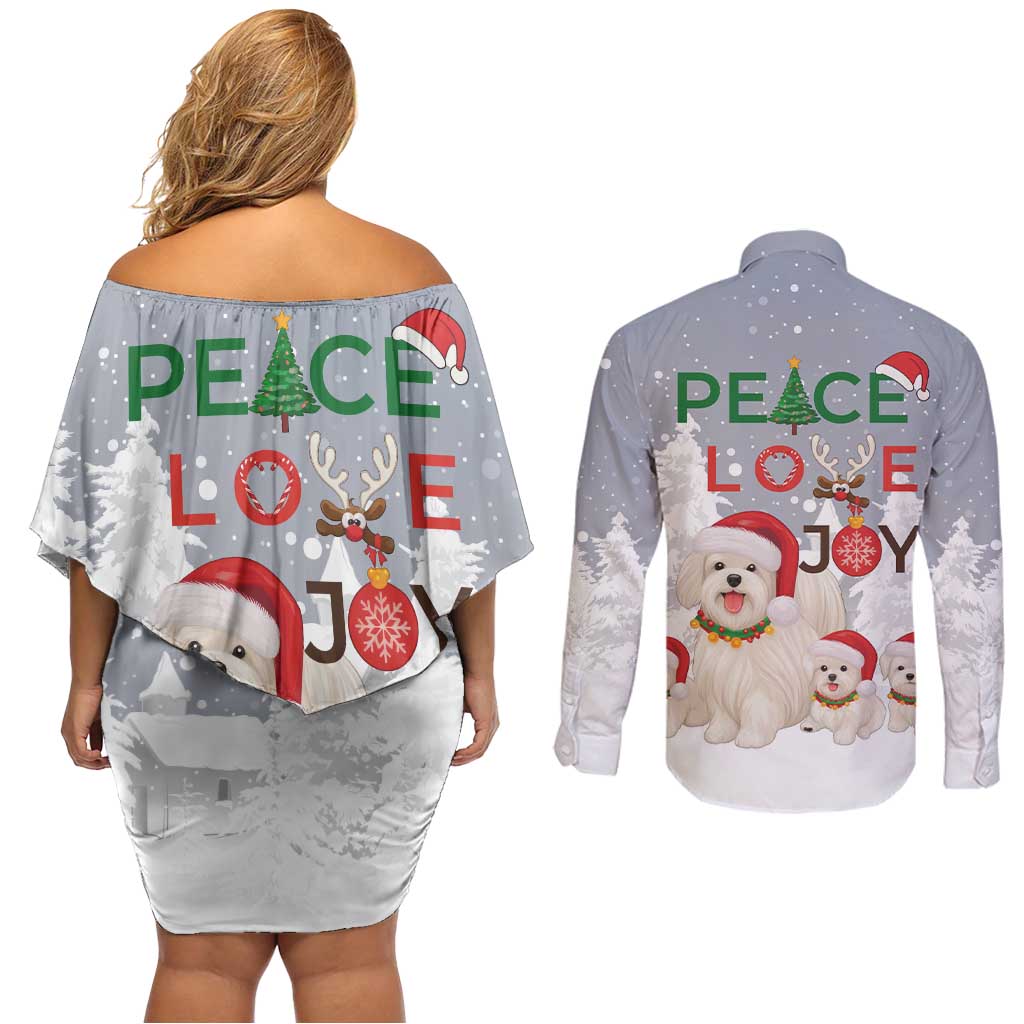 Maltese Peace Love Joy Christmas Couples Matching Off Shoulder Short Dress and Long Sleeve Button Shirt Xmas Holiday Patterns - Wonder Print Shop