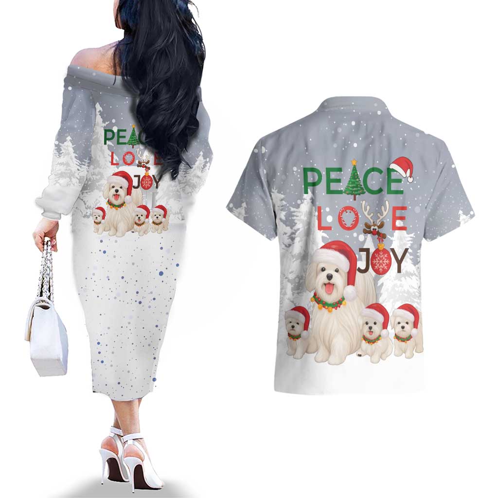 Maltese Peace Love Joy Christmas Couples Matching Off The Shoulder Long Sleeve Dress and Hawaiian Shirt Xmas Holiday Patterns - Wonder Print Shop