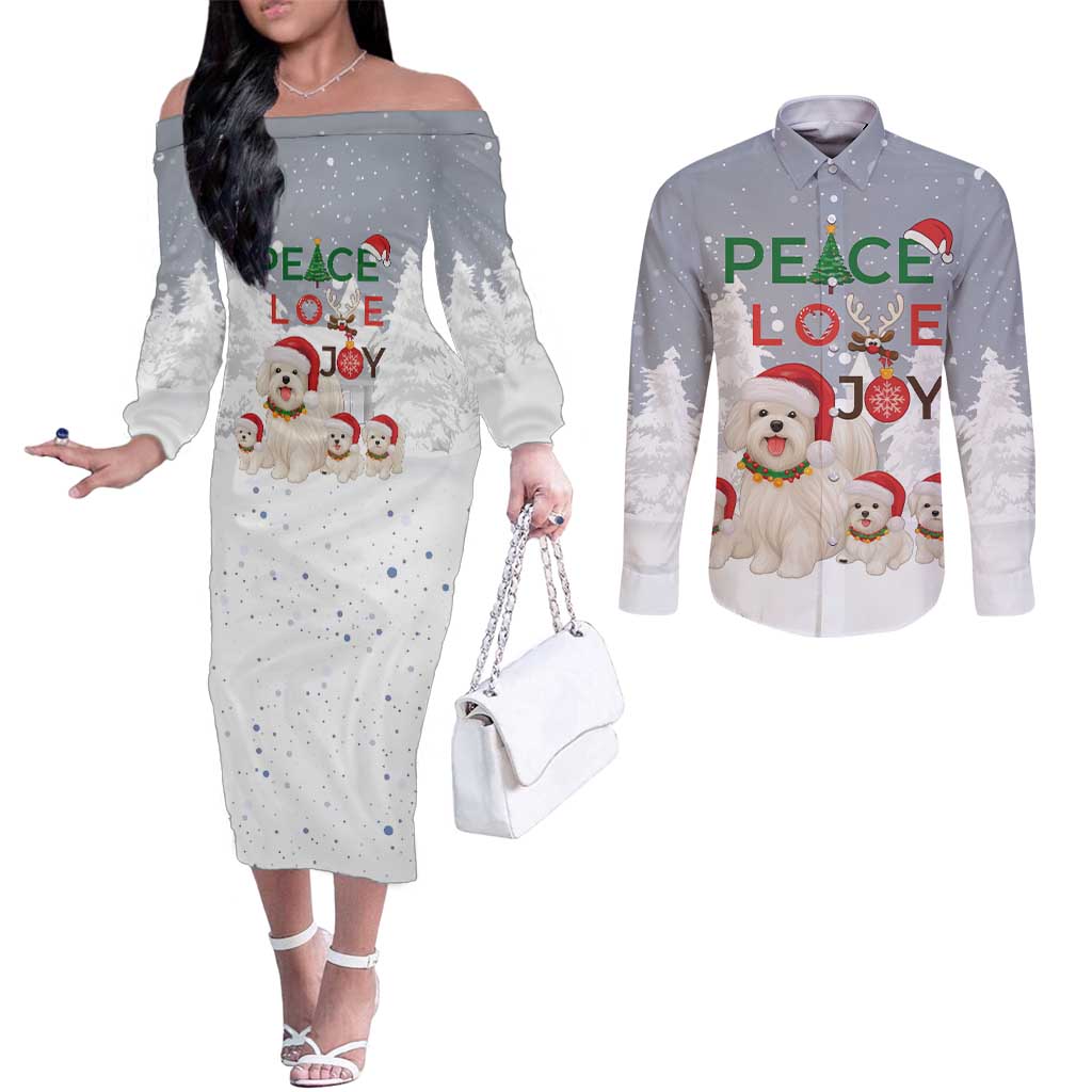 Maltese Peace Love Joy Christmas Couples Matching Off The Shoulder Long Sleeve Dress and Long Sleeve Button Shirt Xmas Holiday Patterns - Wonder Print Shop