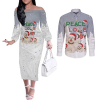 Maltese Peace Love Joy Christmas Couples Matching Off The Shoulder Long Sleeve Dress and Long Sleeve Button Shirt Xmas Holiday Patterns - Wonder Print Shop