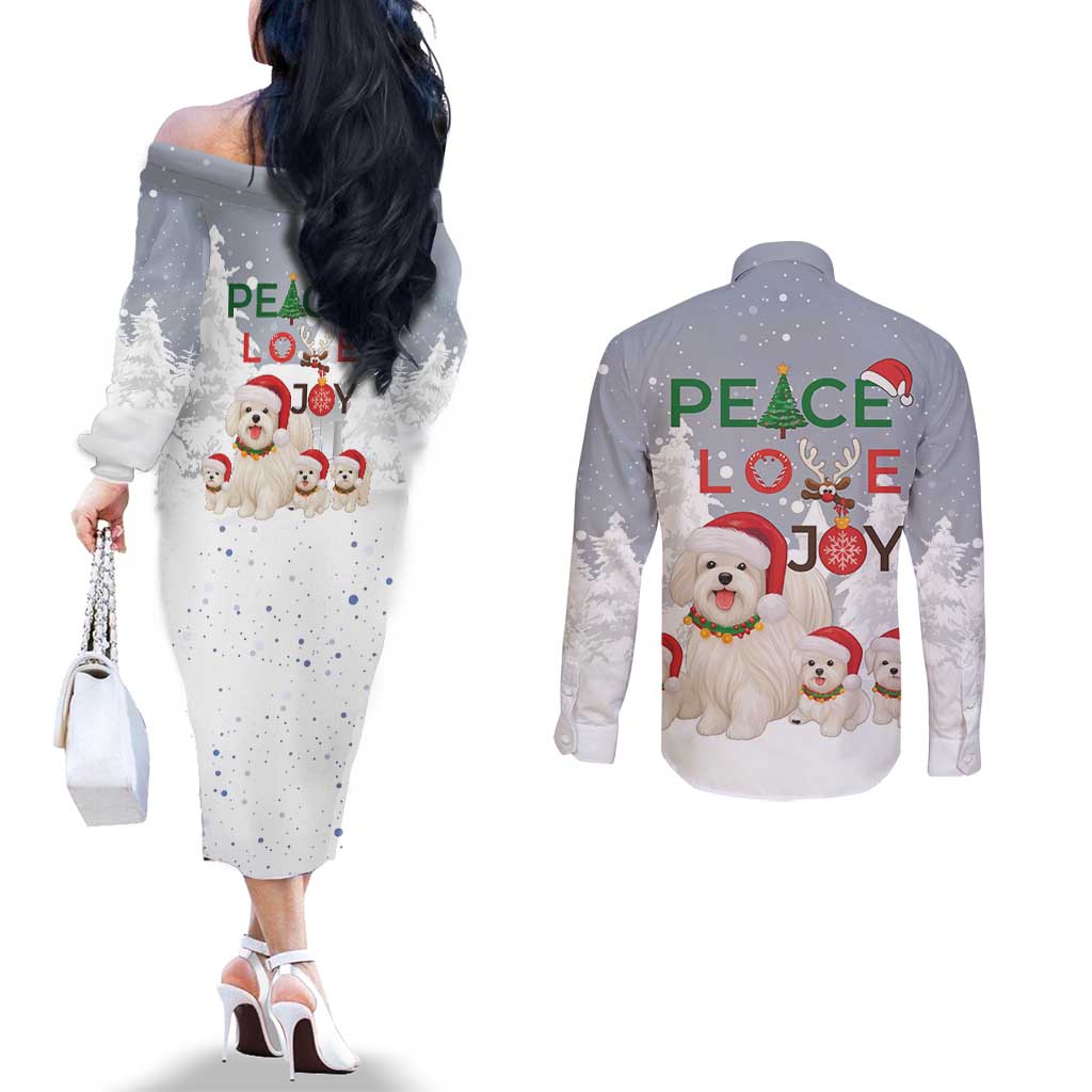 Maltese Peace Love Joy Christmas Couples Matching Off The Shoulder Long Sleeve Dress and Long Sleeve Button Shirt Xmas Holiday Patterns - Wonder Print Shop