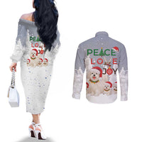 Maltese Peace Love Joy Christmas Couples Matching Off The Shoulder Long Sleeve Dress and Long Sleeve Button Shirt Xmas Holiday Patterns - Wonder Print Shop