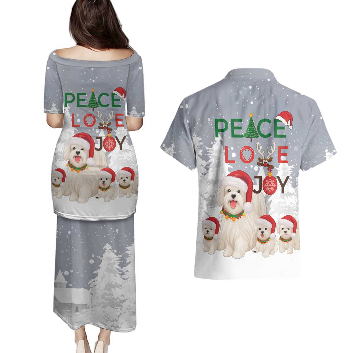 Maltese Peace Love Joy Christmas Couples Matching Puletasi and Hawaiian Shirt Xmas Holiday Patterns - Wonder Print Shop