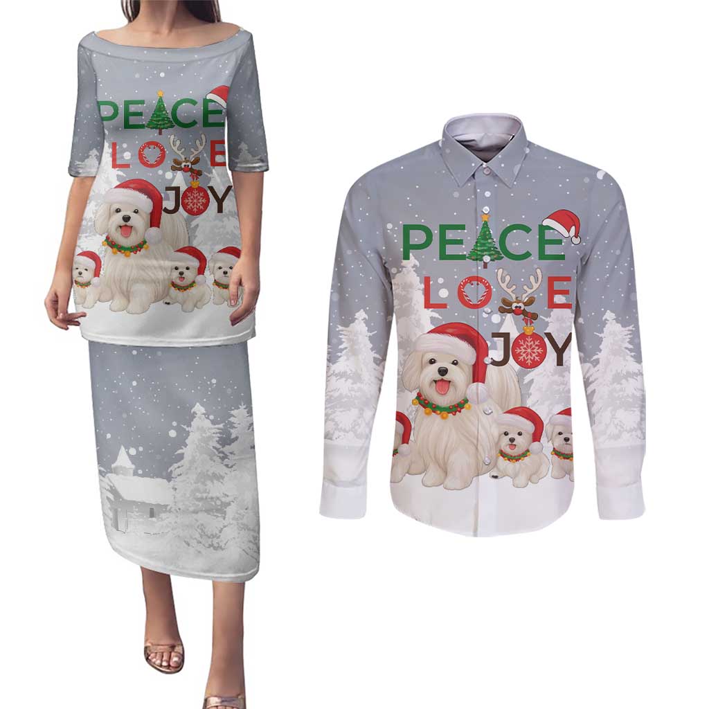 Maltese Peace Love Joy Christmas Couples Matching Puletasi and Long Sleeve Button Shirt Xmas Holiday Patterns - Wonder Print Shop