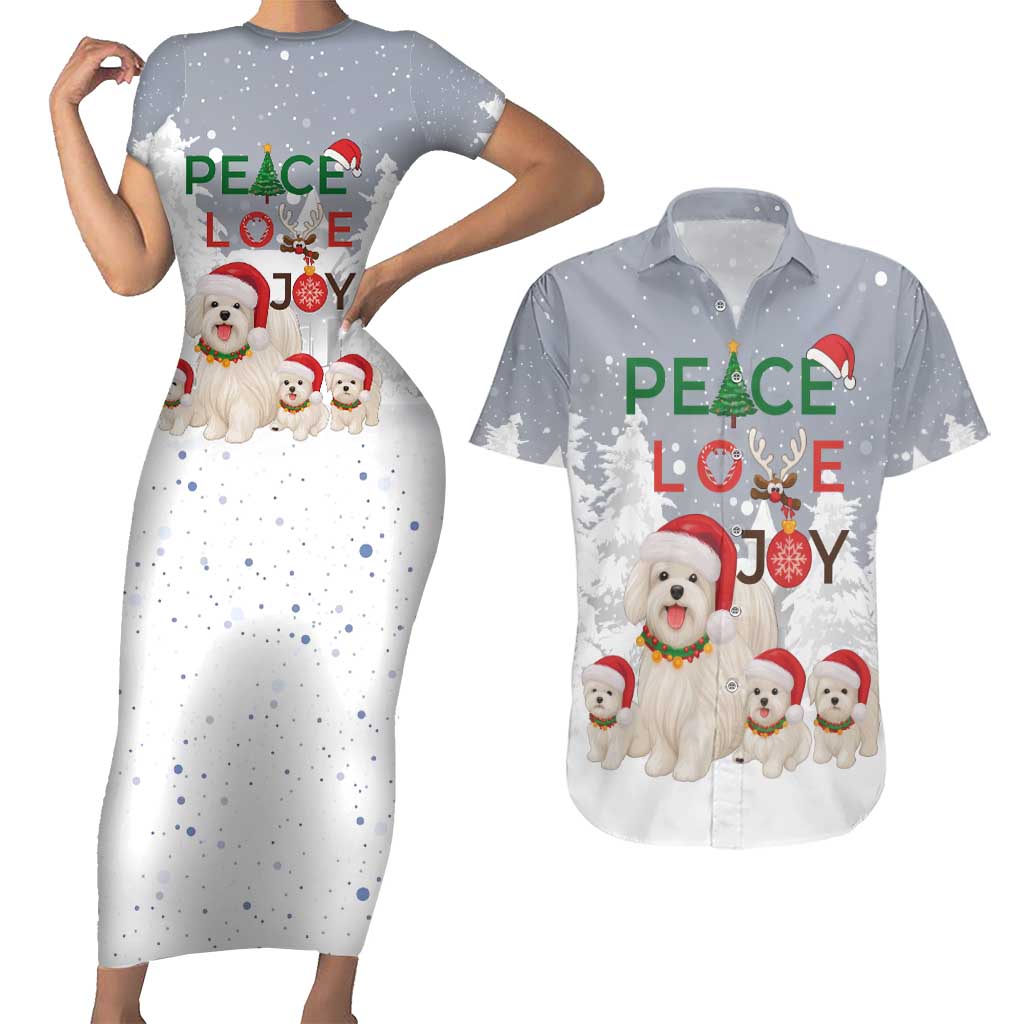 Maltese Peace Love Joy Christmas Couples Matching Short Sleeve Bodycon Dress and Hawaiian Shirt Xmas Holiday Patterns - Wonder Print Shop