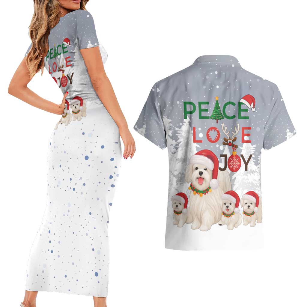 Maltese Peace Love Joy Christmas Couples Matching Short Sleeve Bodycon Dress and Hawaiian Shirt Xmas Holiday Patterns - Wonder Print Shop