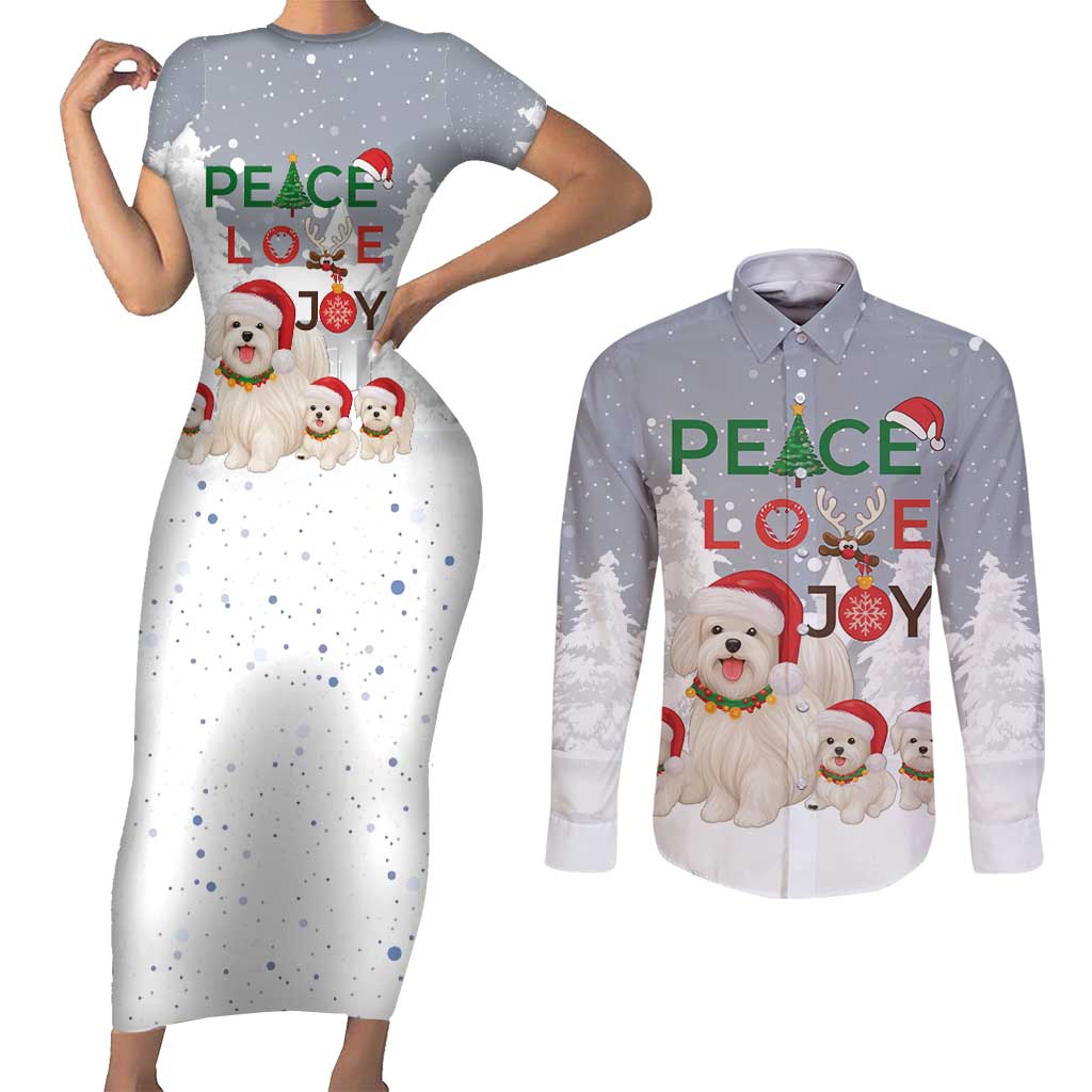 Maltese Peace Love Joy Christmas Couples Matching Short Sleeve Bodycon Dress and Long Sleeve Button Shirt Xmas Holiday Patterns - Wonder Print Shop