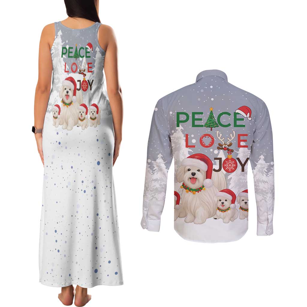 Maltese Peace Love Joy Christmas Couples Matching Tank Maxi Dress and Long Sleeve Button Shirt Xmas Holiday Patterns - Wonder Print Shop