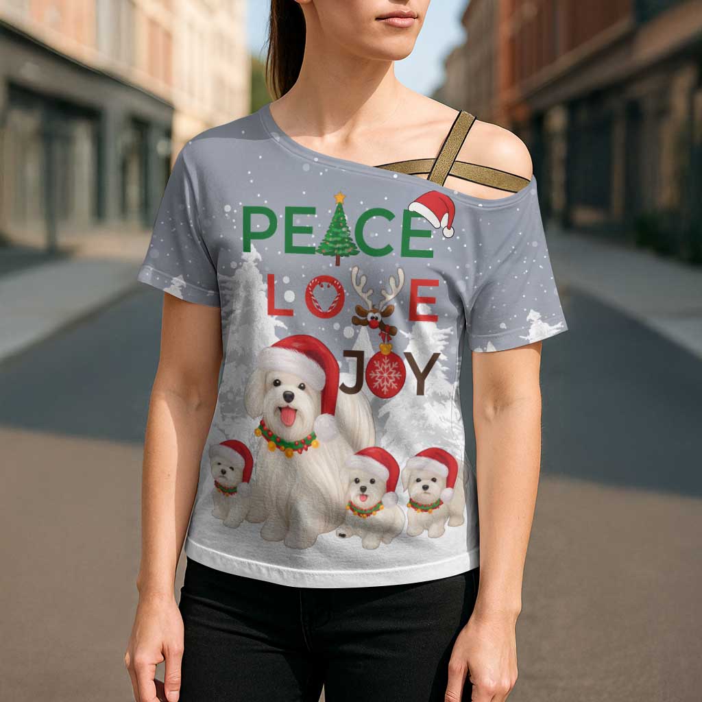 Maltese Peace Love Joy Christmas Cross Shoulder Shirt Xmas Holiday Patterns - Wonder Print Shop