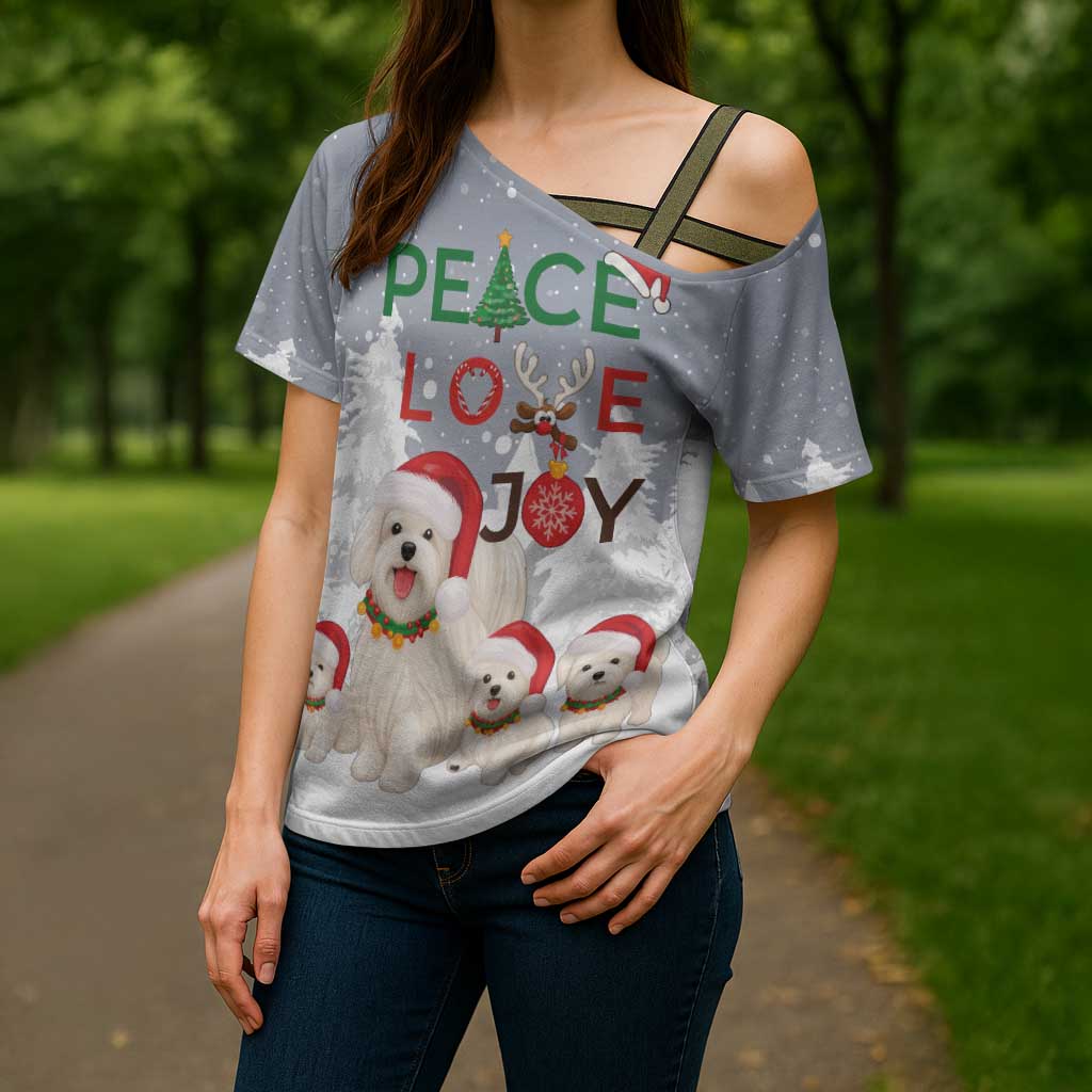 Maltese Peace Love Joy Christmas Cross Shoulder Shirt Xmas Holiday Patterns - Wonder Print Shop