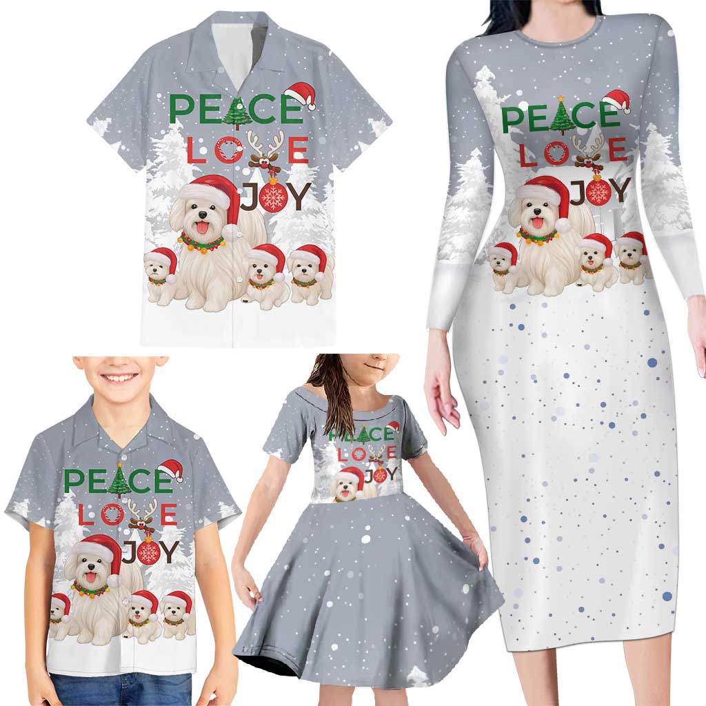 Maltese Peace Love Joy Christmas Family Matching Long Sleeve Bodycon Dress and Hawaiian Shirt Xmas Holiday Patterns - Wonder Print Shop