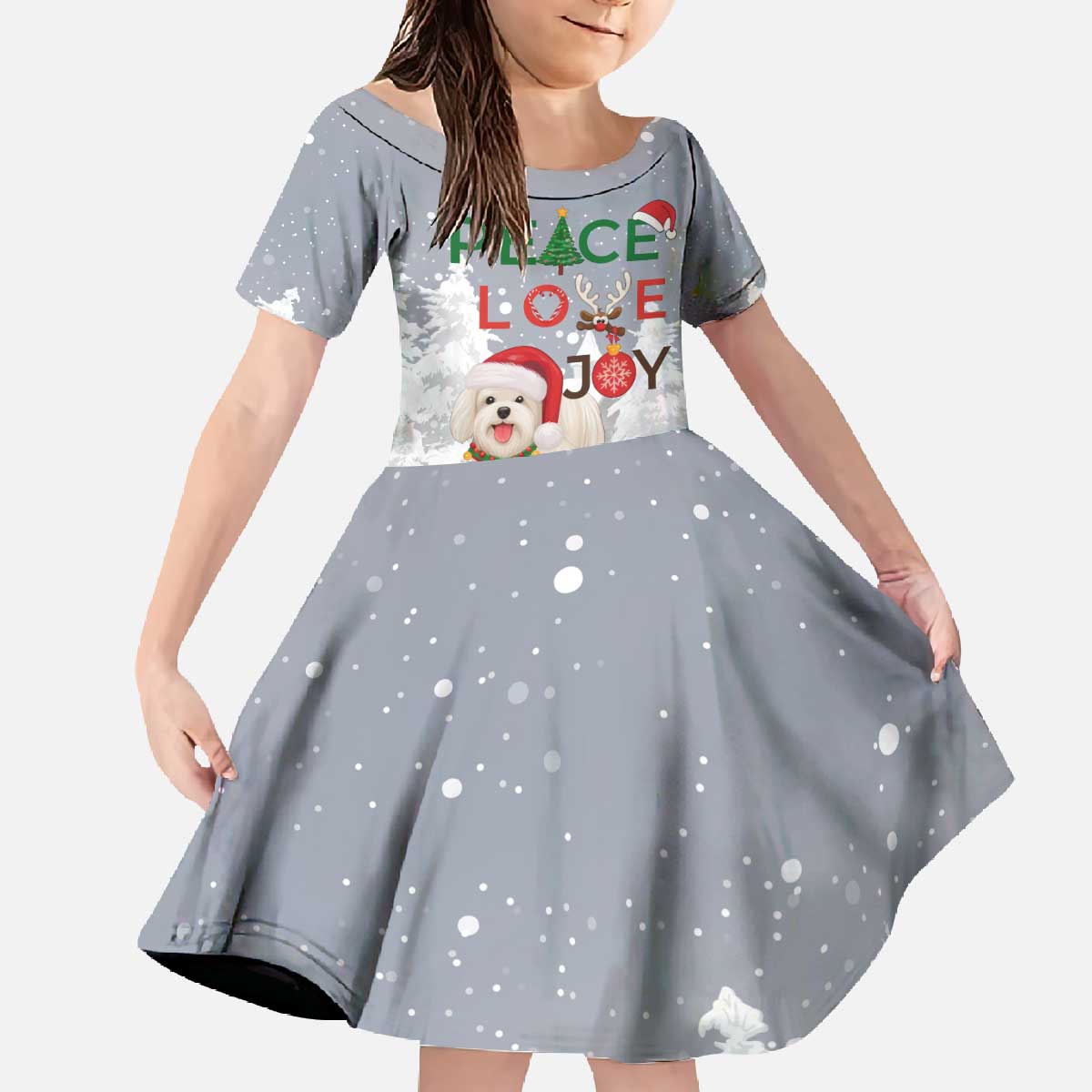Maltese Peace Love Joy Christmas Family Matching Off The Shoulder Long Sleeve Dress and Hawaiian Shirt Xmas Holiday Patterns - Wonder Print Shop