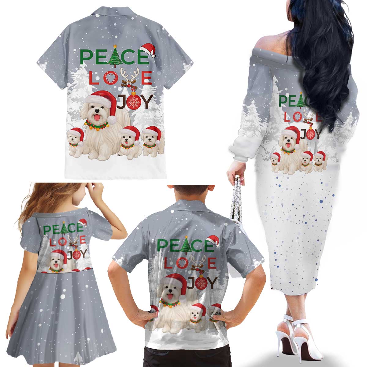 Maltese Peace Love Joy Christmas Family Matching Off The Shoulder Long Sleeve Dress and Hawaiian Shirt Xmas Holiday Patterns - Wonder Print Shop