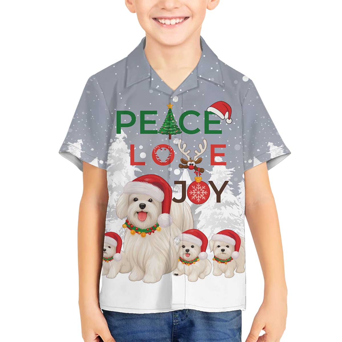 Maltese Peace Love Joy Christmas Family Matching Off The Shoulder Long Sleeve Dress and Hawaiian Shirt Xmas Holiday Patterns - Wonder Print Shop