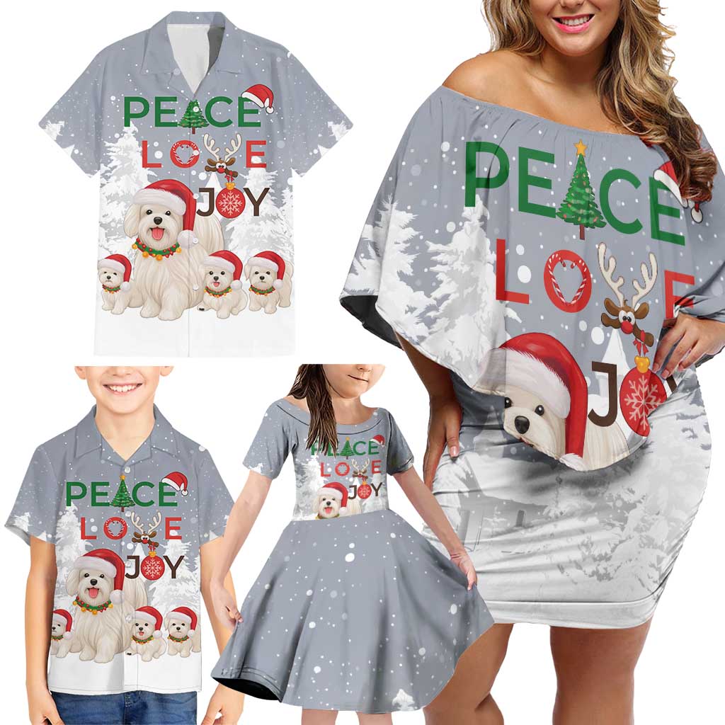 Maltese Peace Love Joy Christmas Family Matching Off Shoulder Short Dress and Hawaiian Shirt Xmas Holiday Patterns - Wonder Print Shop