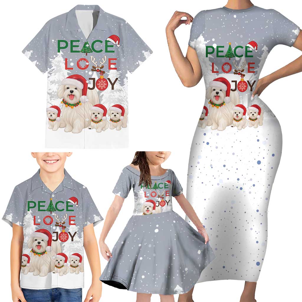 Maltese Peace Love Joy Christmas Family Matching Short Sleeve Bodycon Dress and Hawaiian Shirt Xmas Holiday Patterns - Wonder Print Shop