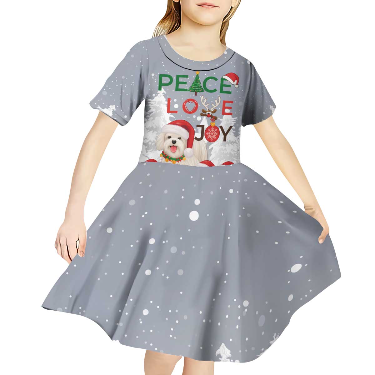 Maltese Peace Love Joy Christmas Kid Short Sleeve Dress Xmas Holiday Patterns - Wonder Print Shop