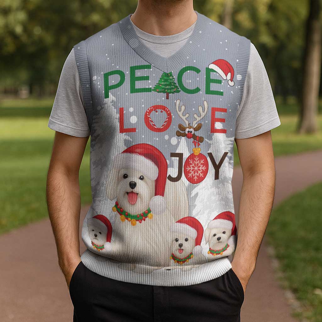 Maltese Peace Love Joy Christmas Knitted V-Neck Vest Xmas Holiday Patterns - Wonder Print Shop