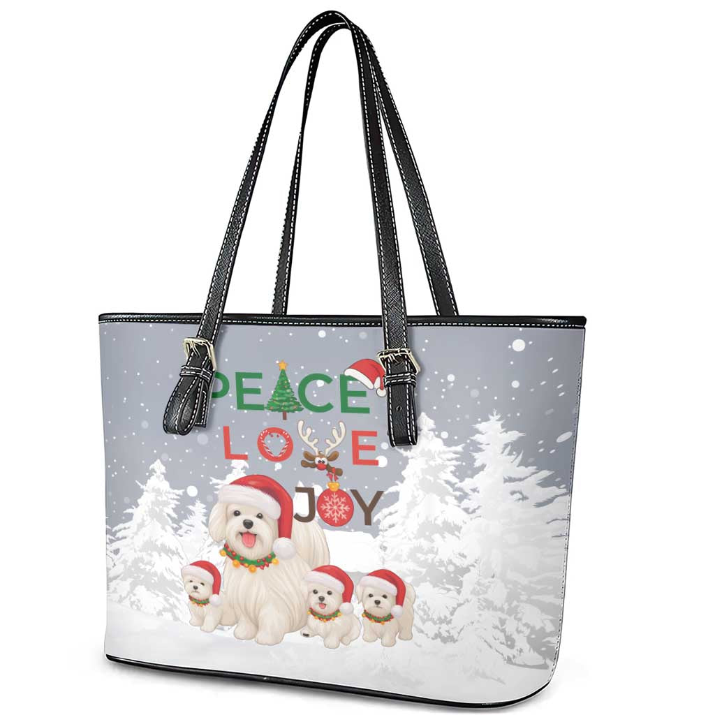 Maltese Peace Love Joy Christmas Leather Tote Bag Xmas Holiday Patterns - Wonder Print Shop