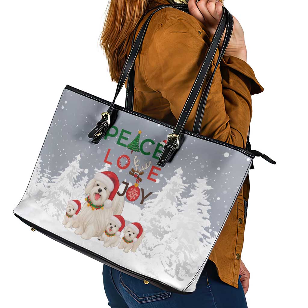 Maltese Peace Love Joy Christmas Leather Tote Bag Xmas Holiday Patterns - Wonder Print Shop