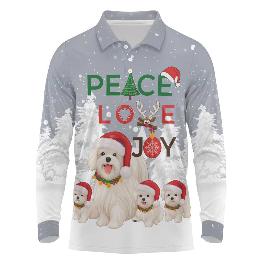 Maltese Peace Love Joy Christmas Long Sleeve Polo Shirt Xmas Holiday Patterns - Wonder Print Shop