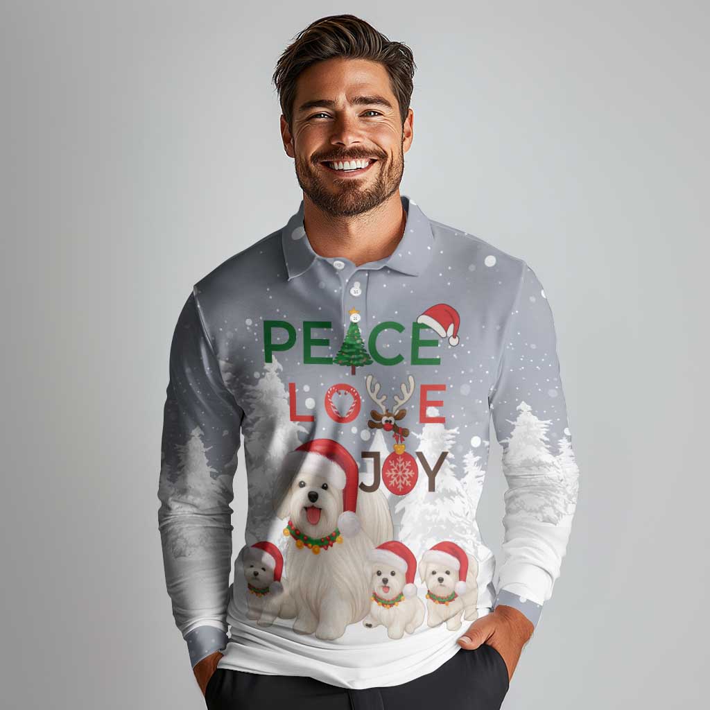 Maltese Peace Love Joy Christmas Long Sleeve Polo Shirt Xmas Holiday Patterns - Wonder Print Shop