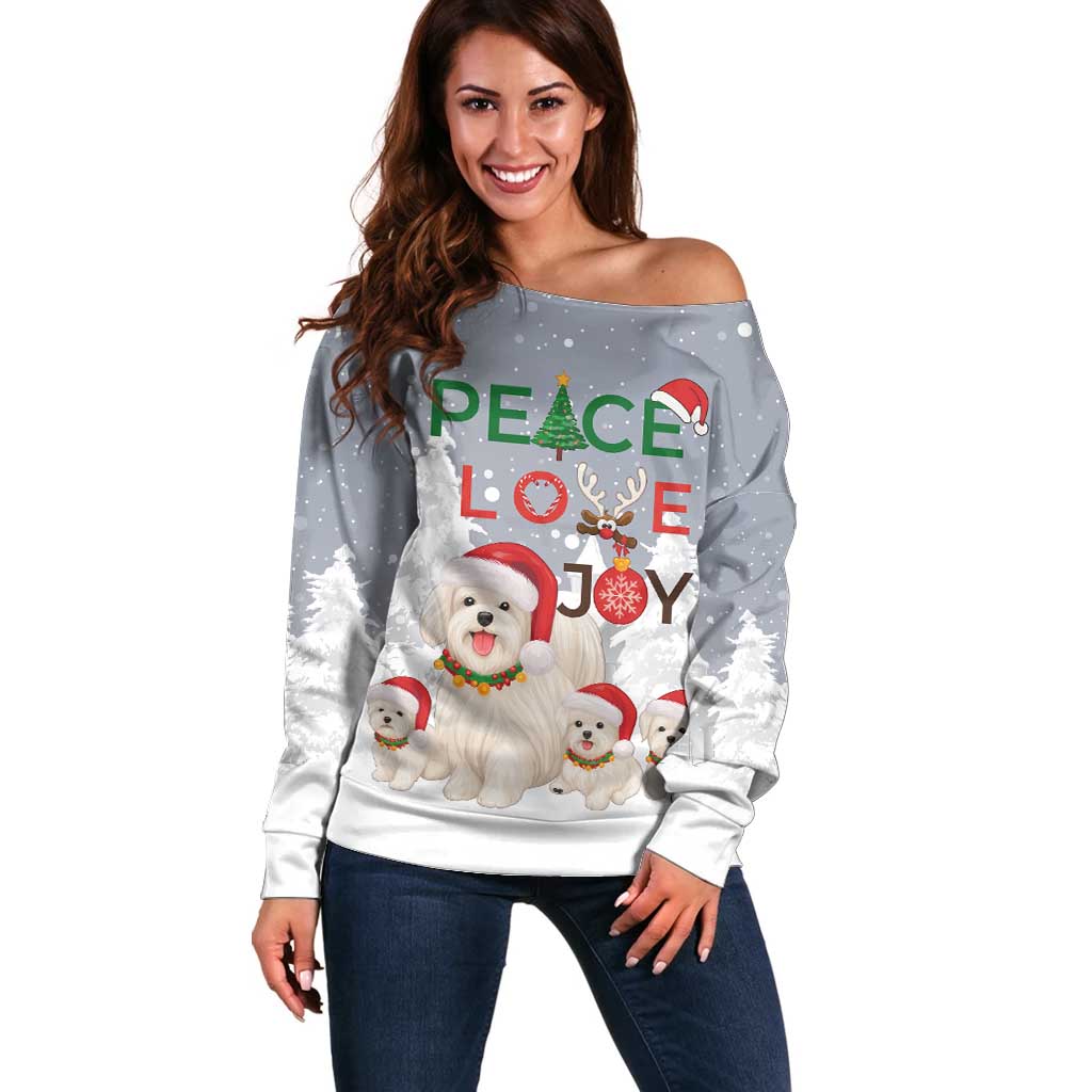 Maltese Peace Love Joy Christmas Off Shoulder Sweater Xmas Holiday Patterns - Wonder Print Shop