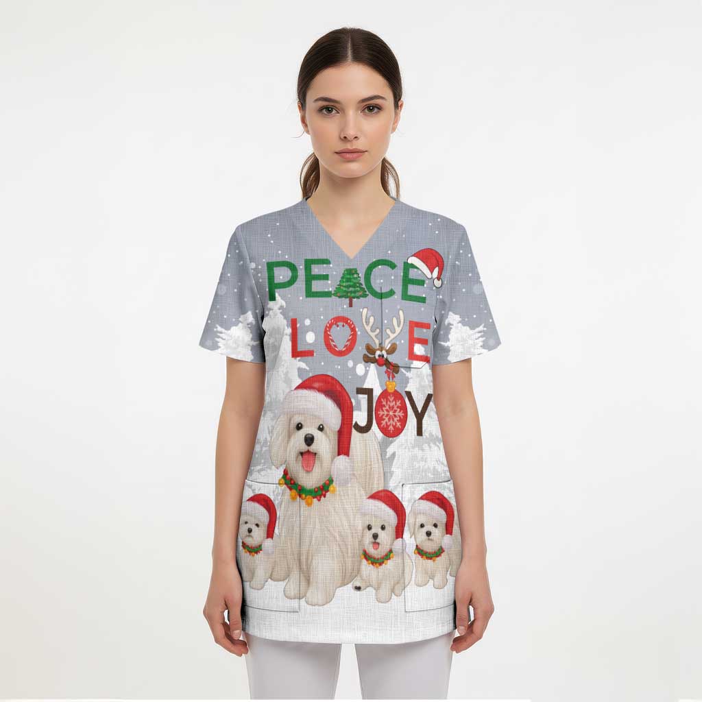 Maltese Peace Love Joy Christmas Scrub Top Xmas Holiday Patterns - Wonder Print Shop