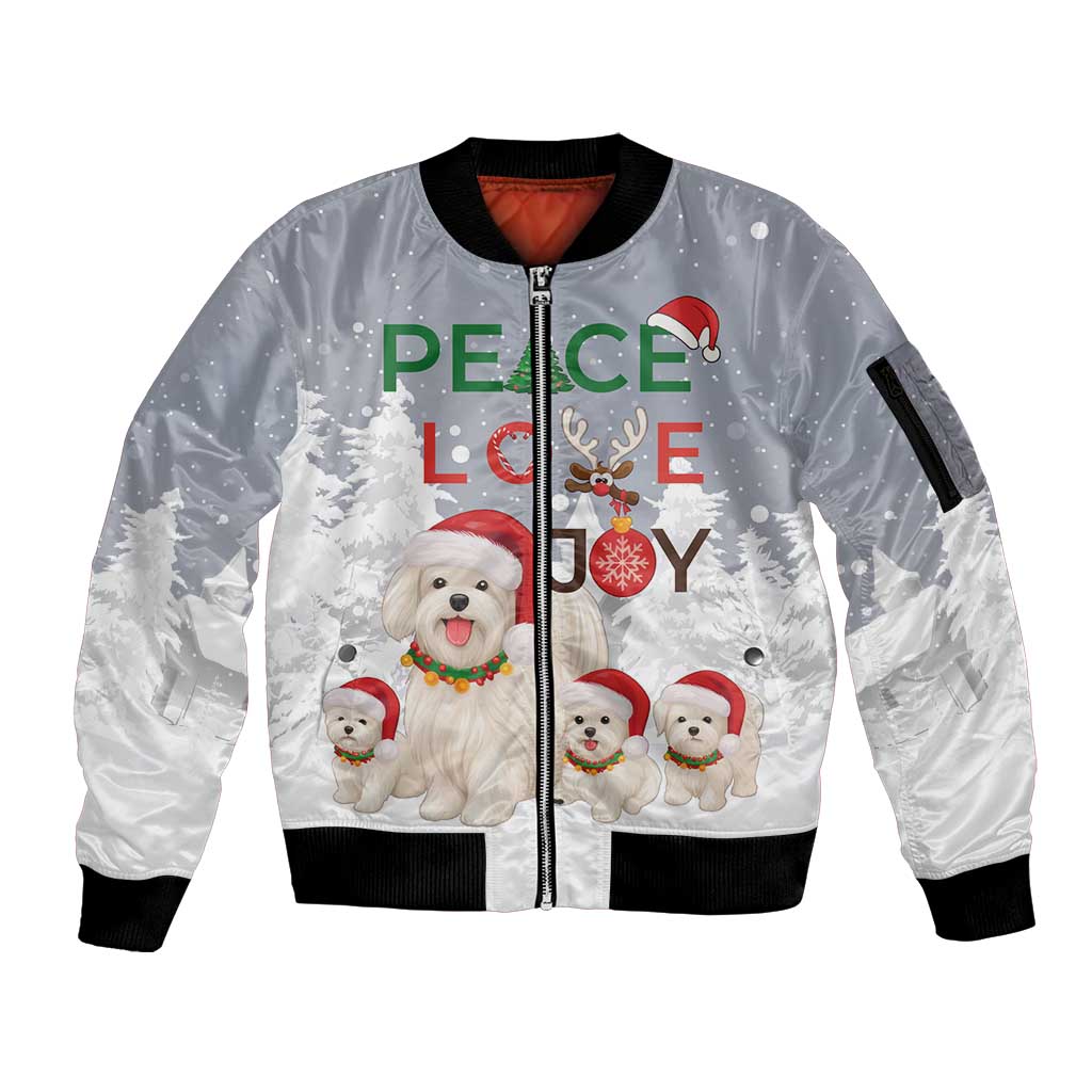 Maltese Peace Love Joy Christmas Sleeve Zip Bomber Jacket Xmas Holiday Patterns - Wonder Print Shop