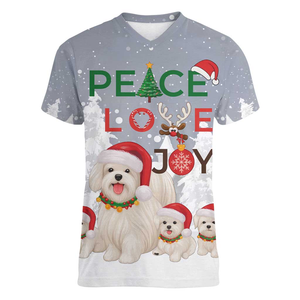 Maltese Peace Love Joy Christmas Women V-Neck T-Shirt Xmas Holiday Patterns - Wonder Print Shop