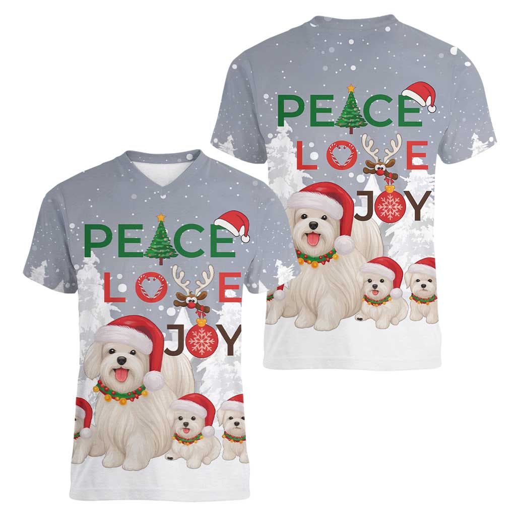 Maltese Peace Love Joy Christmas Women V-Neck T-Shirt Xmas Holiday Patterns - Wonder Print Shop