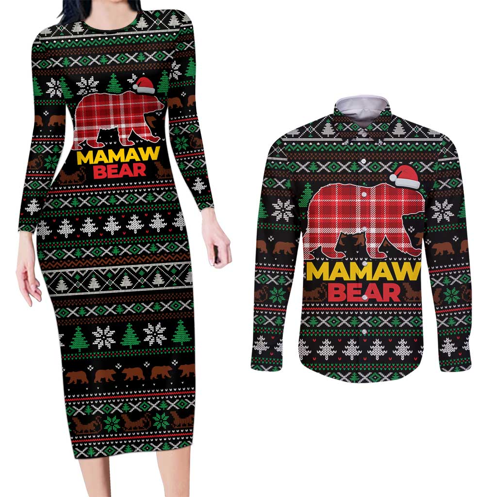 Mamaw Bear Christmas Couples Matching Long Sleeve Bodycon Dress and Long Sleeve Button Shirt Xmas Holiday Patterns - Wonder Print Shop