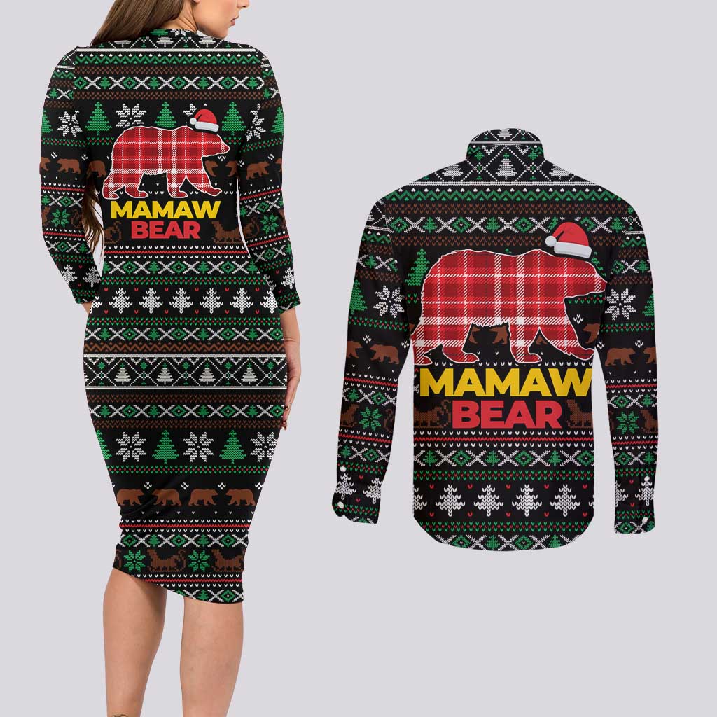 Mamaw Bear Christmas Couples Matching Long Sleeve Bodycon Dress and Long Sleeve Button Shirt Xmas Holiday Patterns - Wonder Print Shop