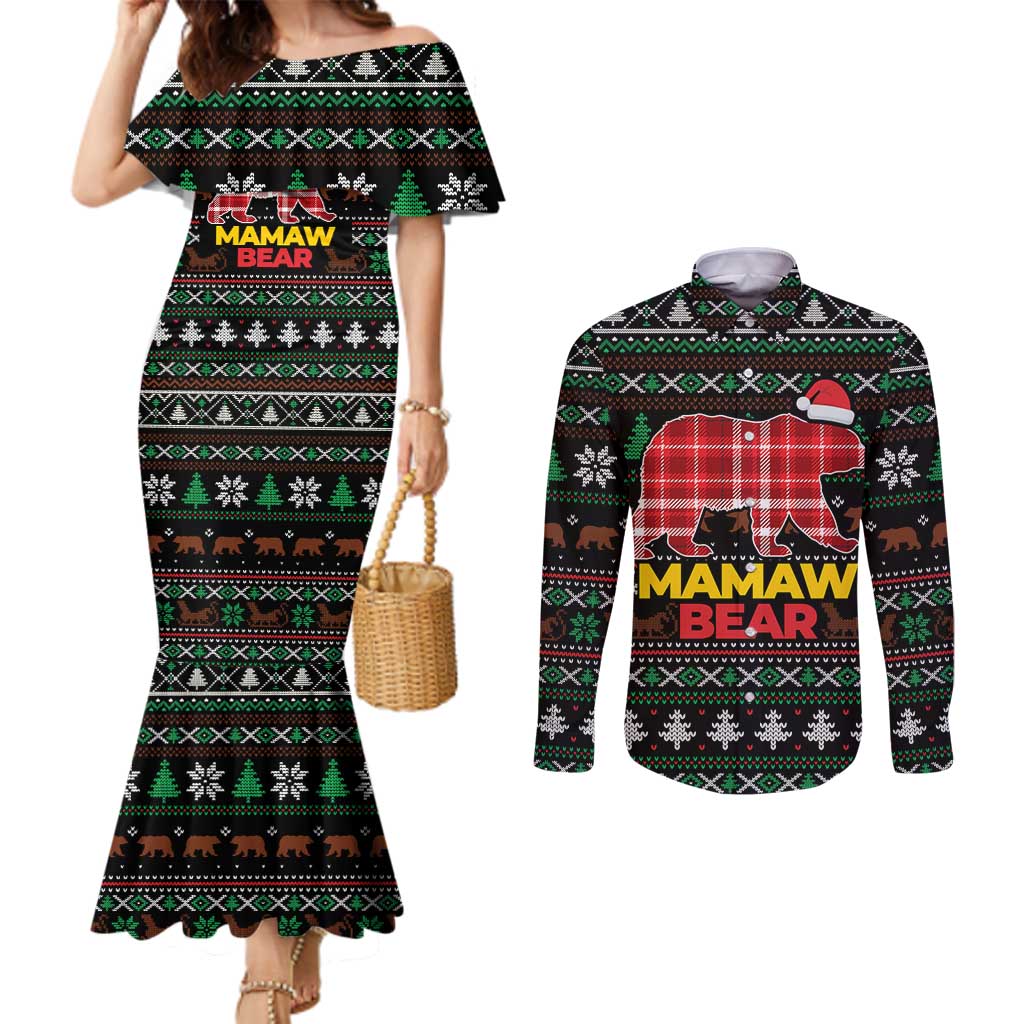 Mamaw Bear Christmas Couples Matching Mermaid Dress and Long Sleeve Button Shirt Xmas Holiday Patterns - Wonder Print Shop