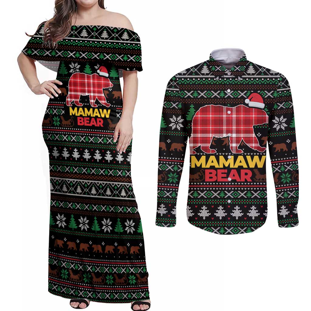 Mamaw Bear Christmas Couples Matching Off Shoulder Maxi Dress and Long Sleeve Button Shirt Xmas Holiday Patterns - Wonder Print Shop